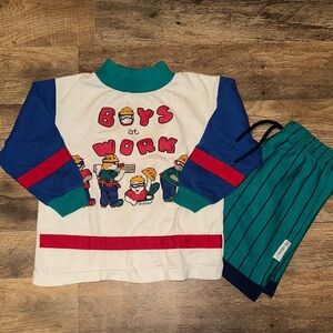 “Boys at Work” Vintage Healthtex Sweatshirt and Striped Pants Set